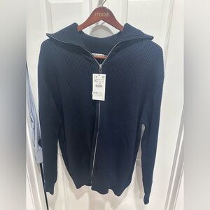 Zara Men's Dark Blue Zip-Up Sweater